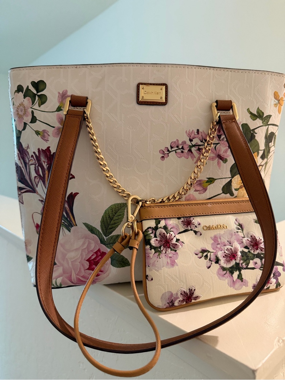 Calvin Klein Cream Floral Tote and Wristlet with Tan Trim